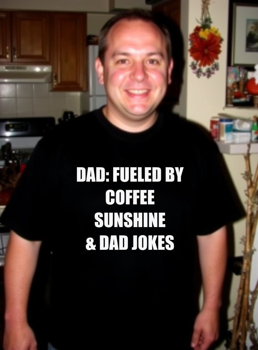 Dad Fueled by Coffee Sunshine and Dad Jokes Shirt — worn lifestyle photo