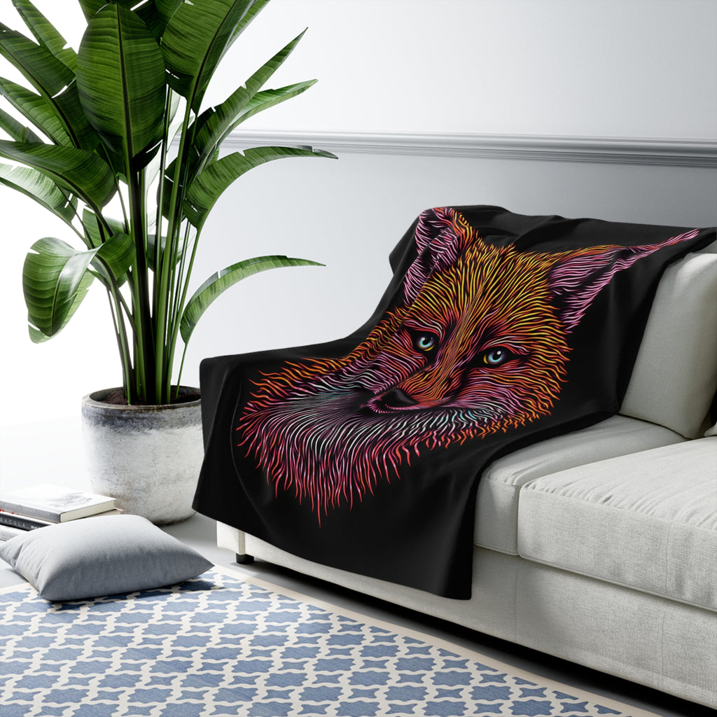 Neon Fox Sherpa Throw Blanket - Glowing Fox Portrait, Cozy Fleece Bedroom Dorm Game Room Gift