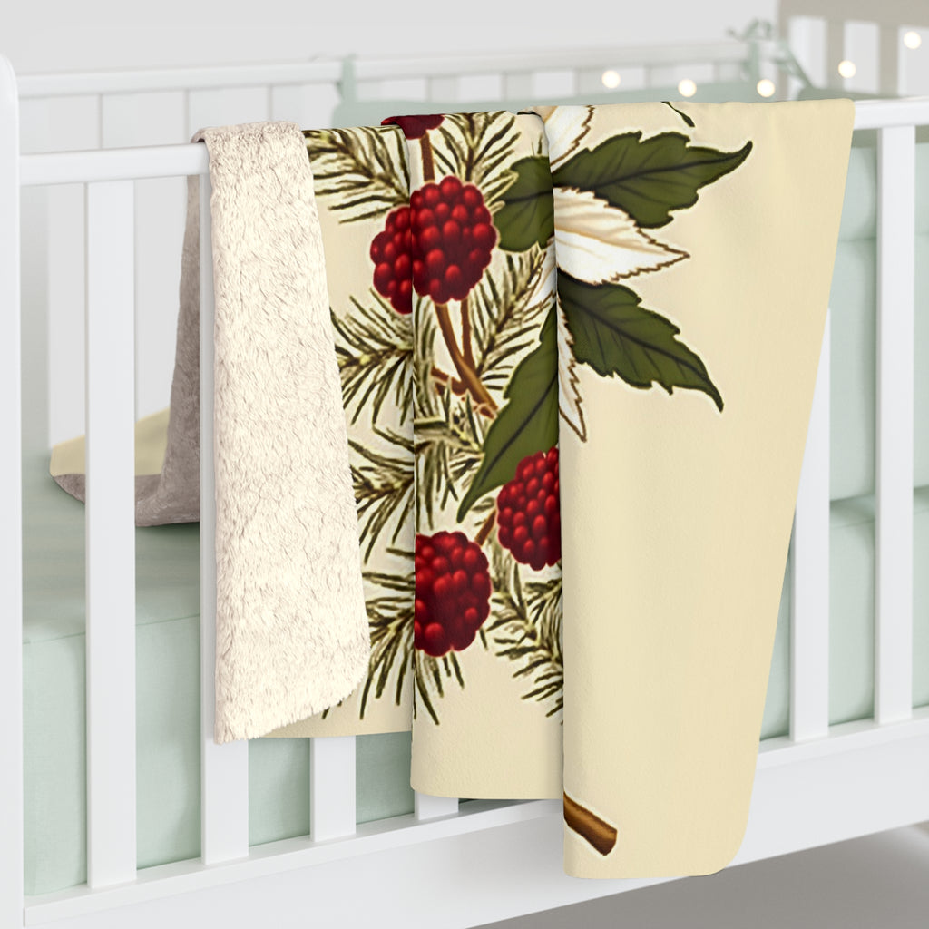 Vintage Poinsettia Sherpa Throw Blanket - Antique Botanical Christmas Floral