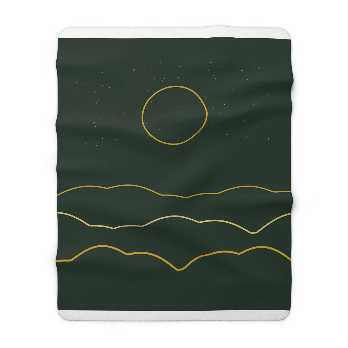 Golden Ridgeline Sherpa Throw Blanket - Moonlit Mountain Line Art on Deep Pine Green