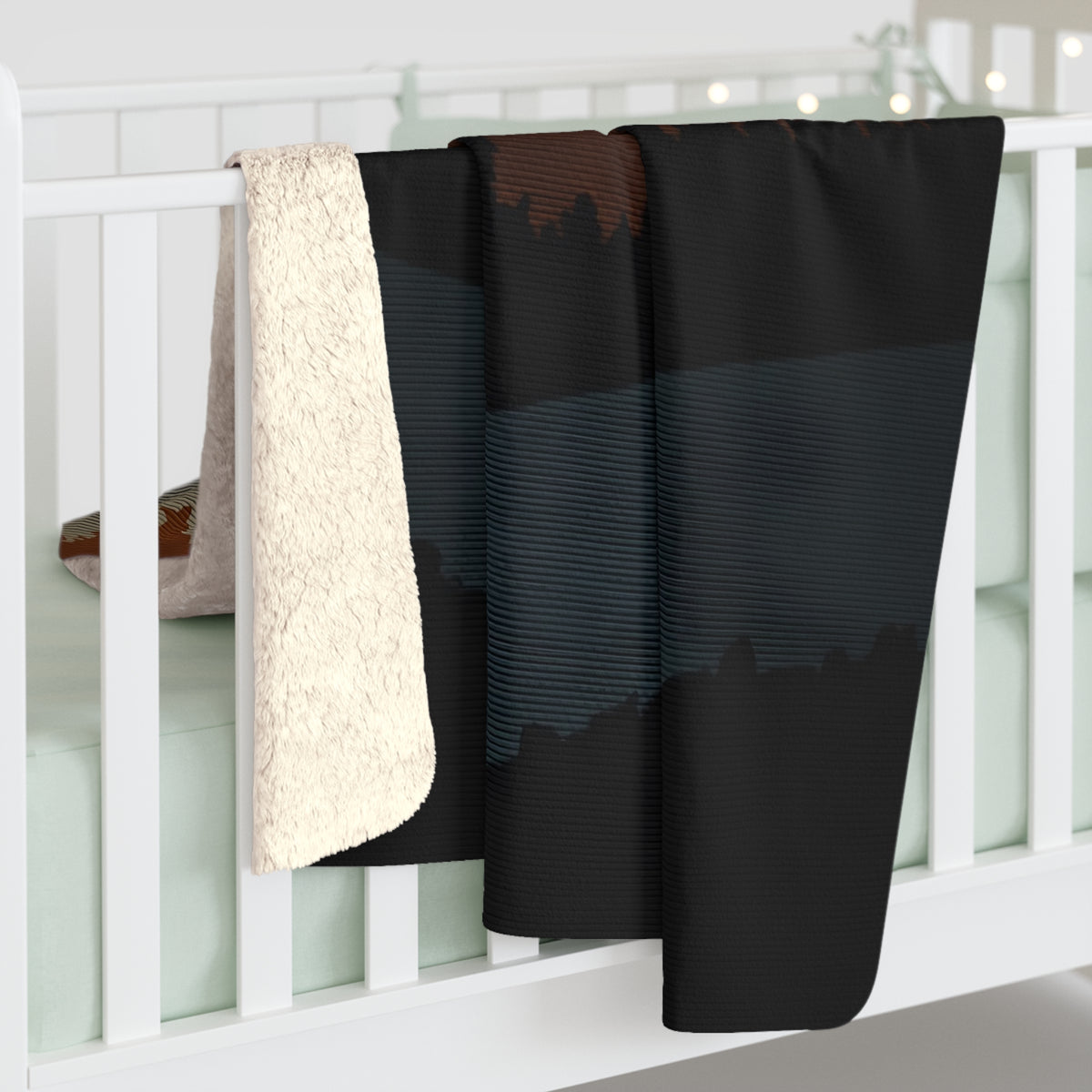Pine Ridge Lodge Sherpa Throw Blanket - Layered Forest Silhouettes with Rising Moon