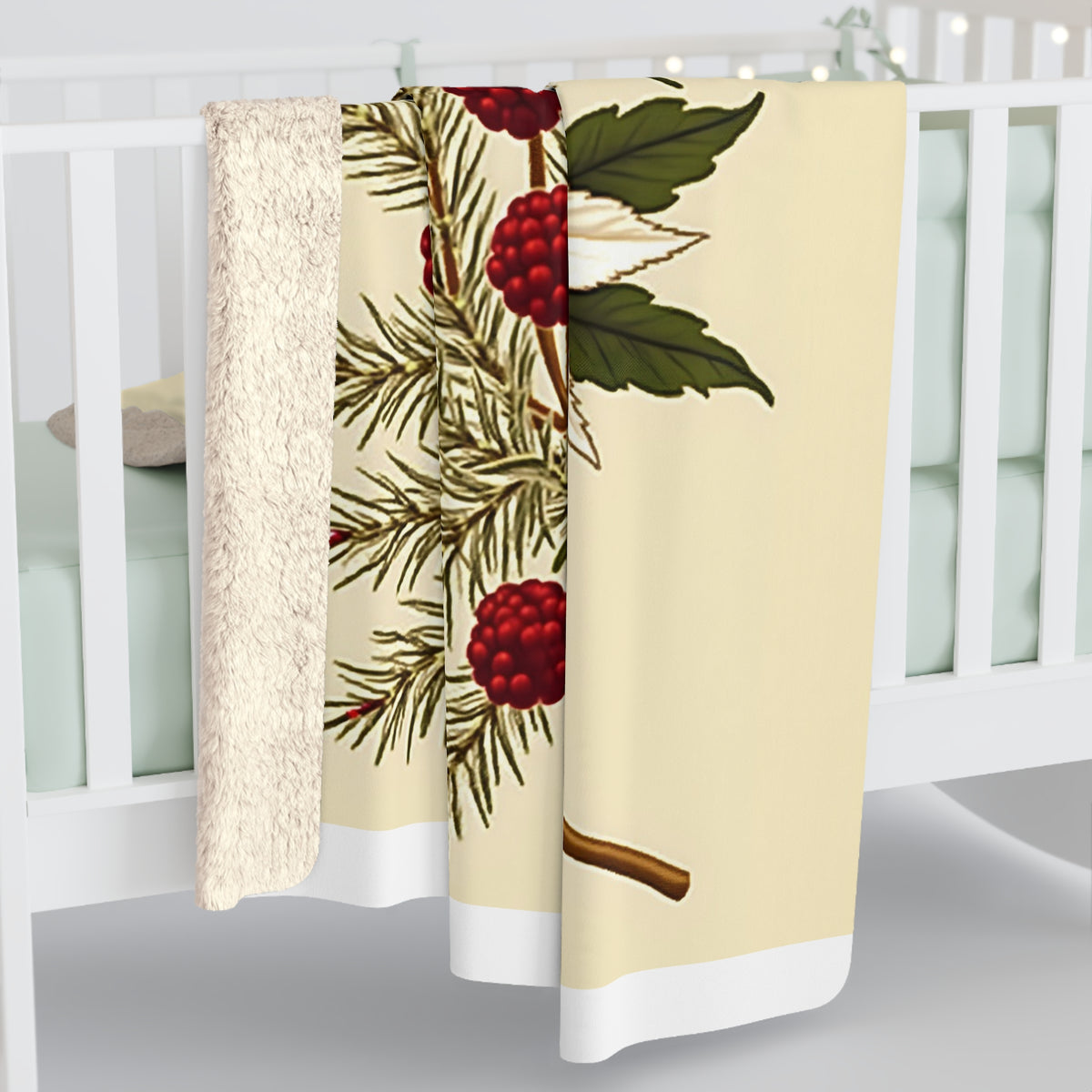 Vintage Poinsettia Sherpa Throw Blanket - Antique Botanical Christmas Floral