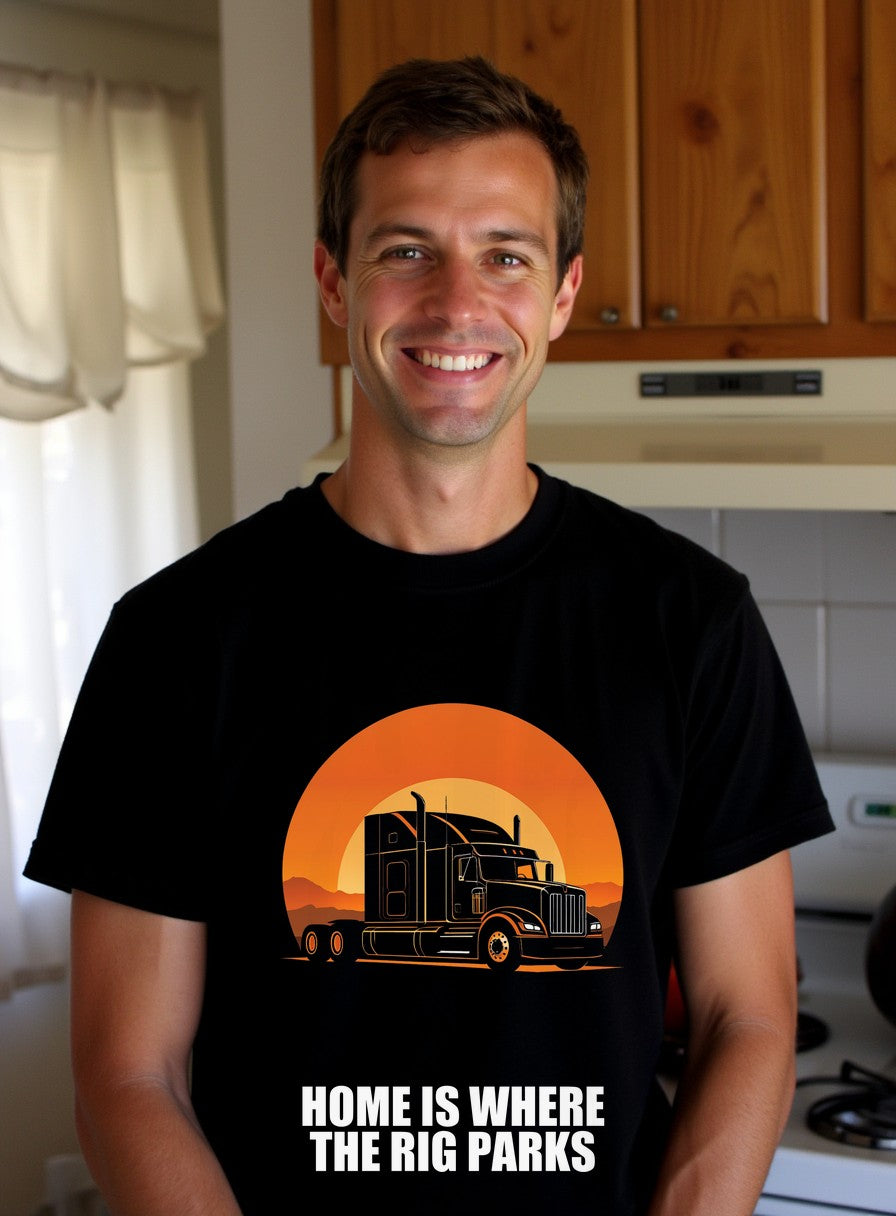 Home Is Where The Rig Parks Trucker Shirt — worn lifestyle photo