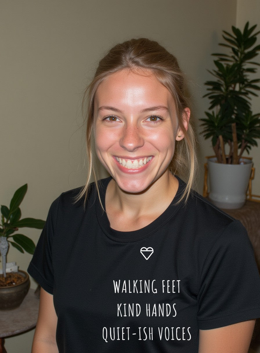 Walking Feet Kind Hands Quiet-ish Voices Shirt — worn lifestyle photo