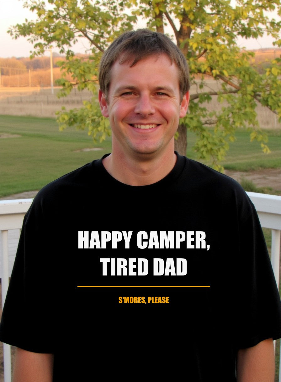 Happy Camper Tired Dad Shirt — worn lifestyle photo