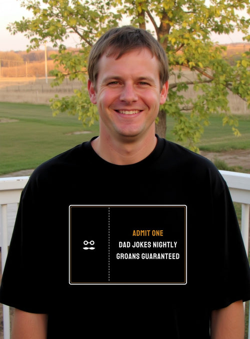 Admit One Dad Jokes Nightly Shirt — worn lifestyle photo