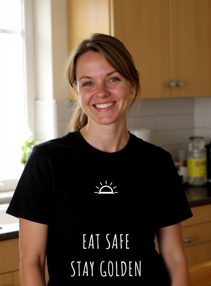 Eat Safe Stay Golden Shirt — worn lifestyle photo