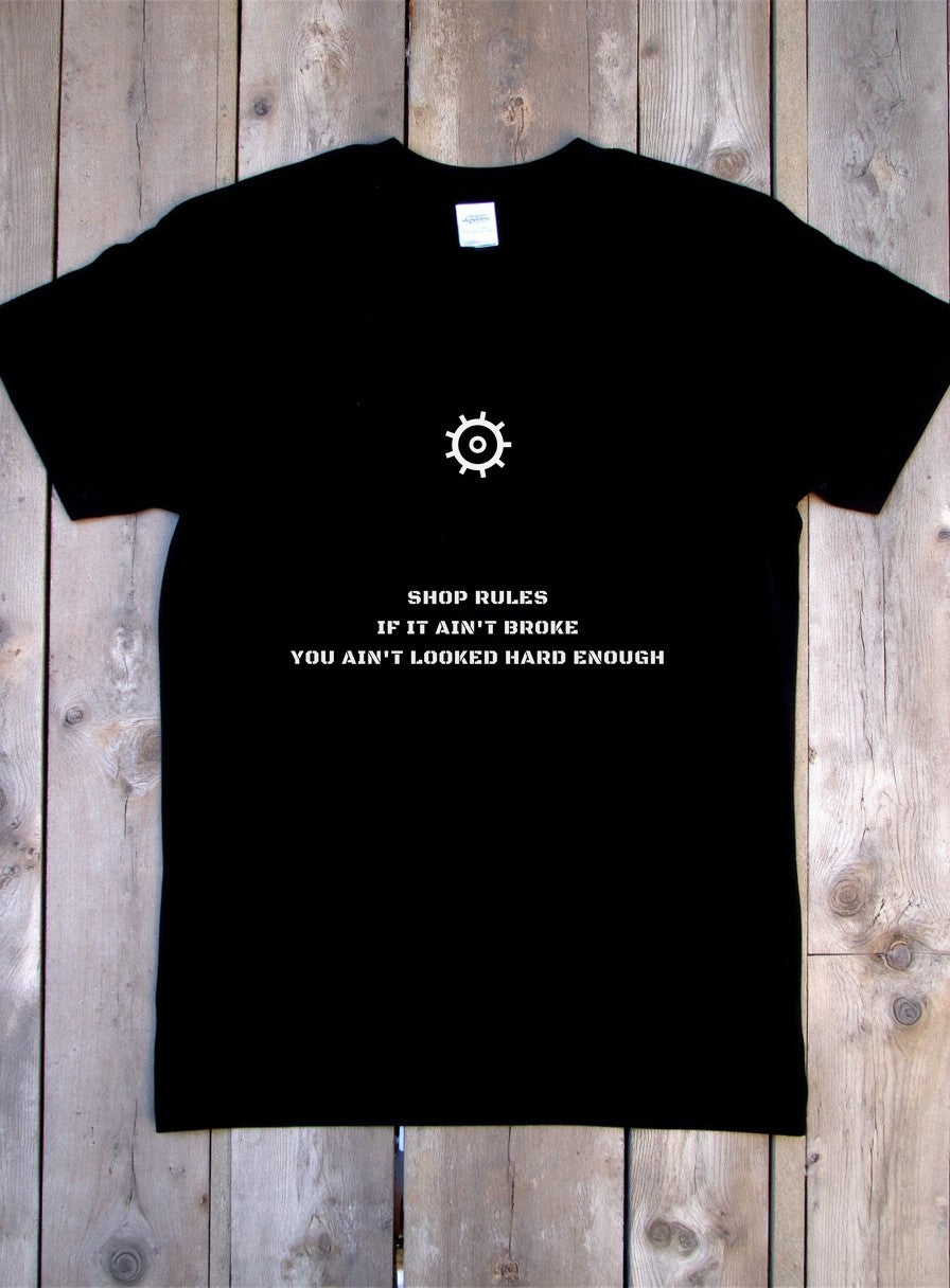 Shop Rules Mechanic Shirt — flat lay photo