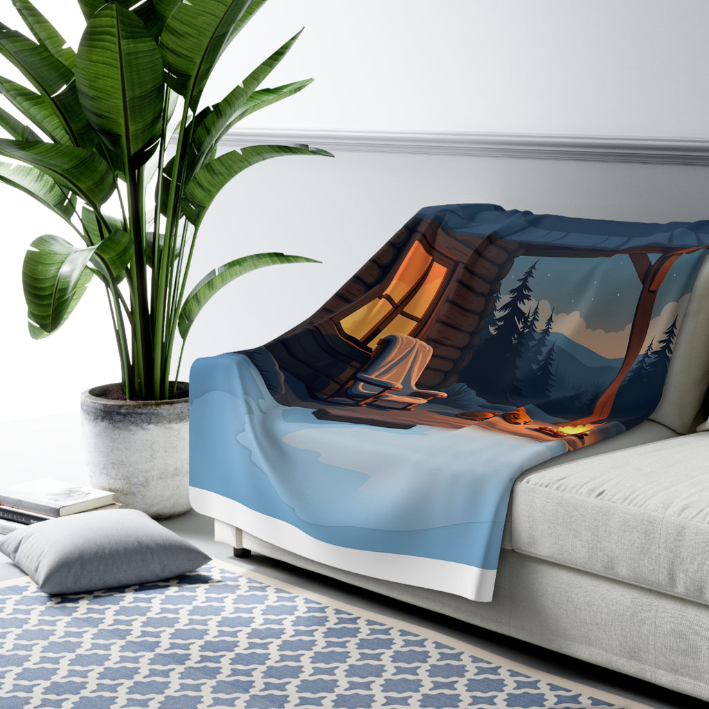 Campfire Dog Cabin Porch Sherpa Throw Blanket - Sleeping Dog Under a Starry Night Sky, Dog Lover Gift, Cabin Decor