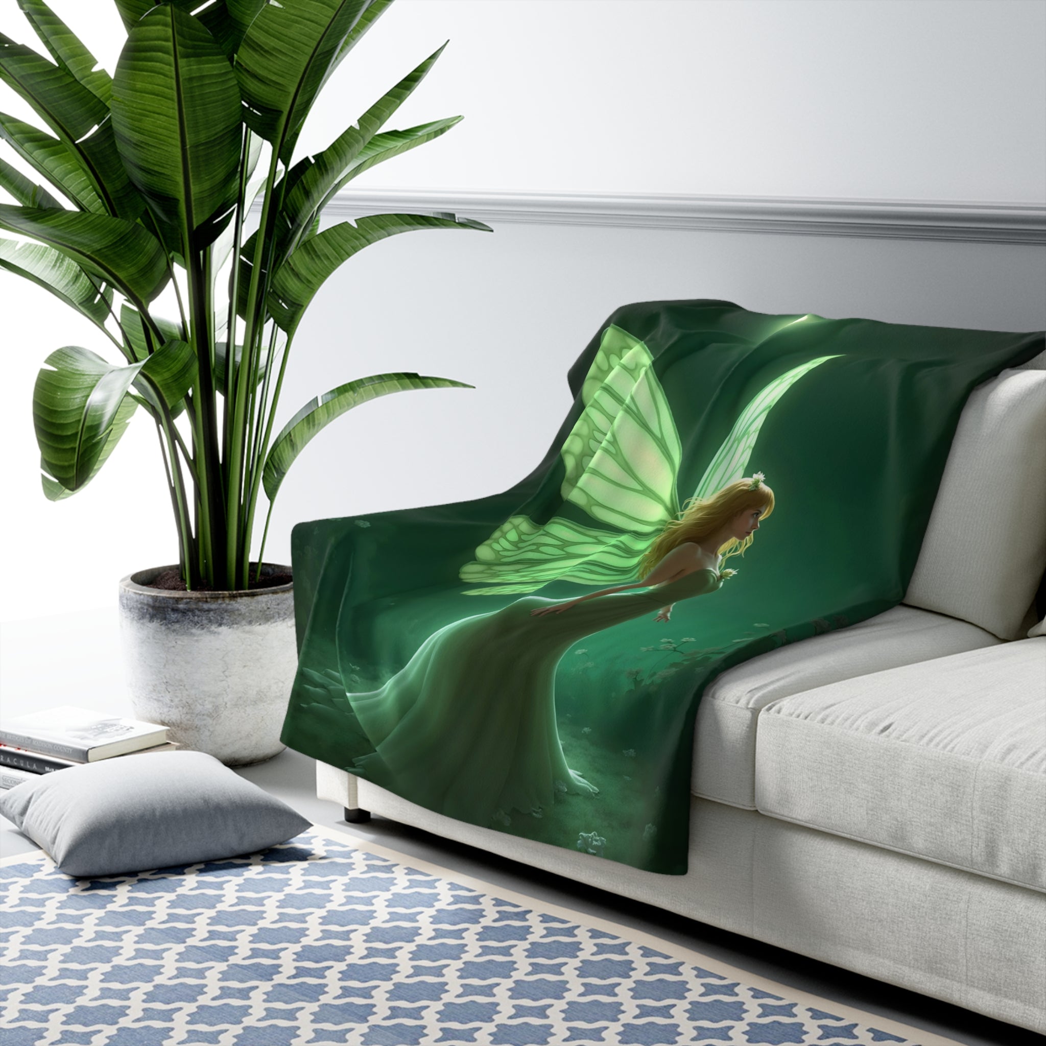 Luna Moth Fairy Sherpa Throw Blanket - Glowing Green Wings in a Moonlit Garden, Fantasy Fairycore Decor Gift