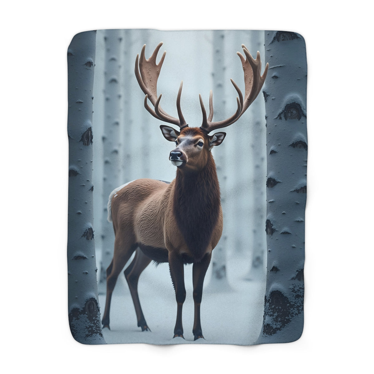 Winter Stag Sherpa Throw Blanket - Majestic Deer Among Snowy Birch Trees