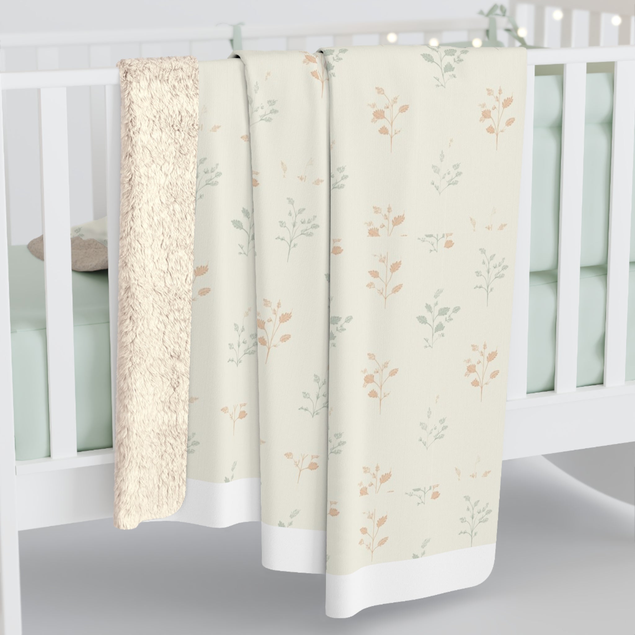 Fern & Seedhead Sherpa Throw Blanket - Vintage Botanical Pattern, Patina Blue & Terracotta on Cream - Mossbridge
