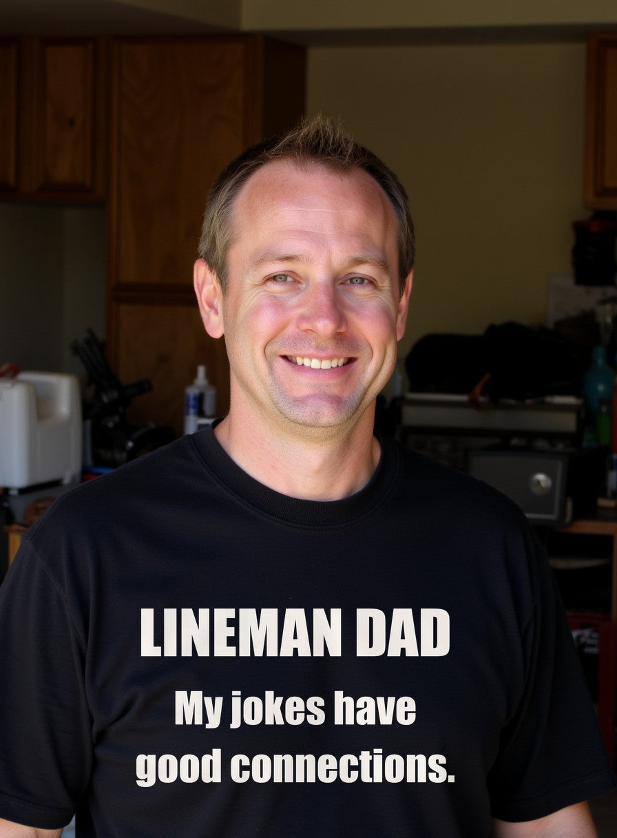 Lineman Dad Jokes Have Good Connections Shirt — worn lifestyle photo