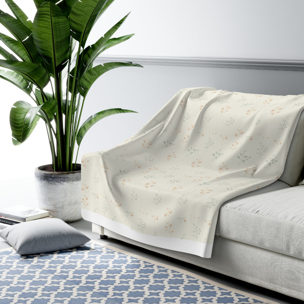 Fern & Seedhead Sherpa Throw Blanket - Vintage Botanical Pattern, Patina Blue & Terracotta on Cream - Mossbridge