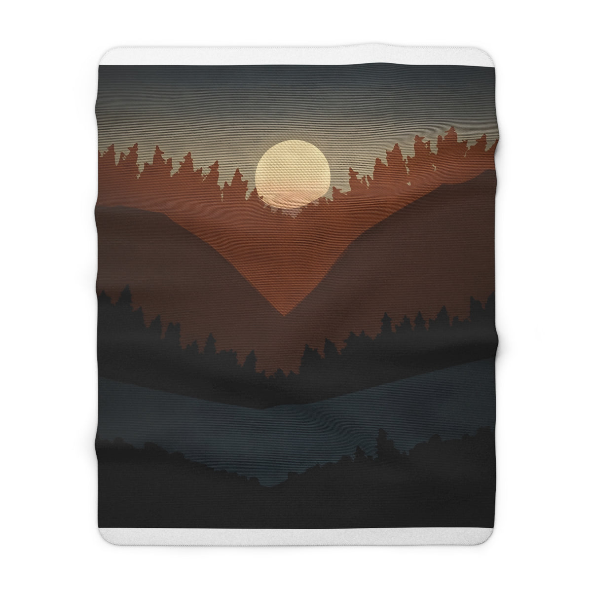 Pine Ridge Lodge Sherpa Throw Blanket - Layered Forest Silhouettes with Rising Moon