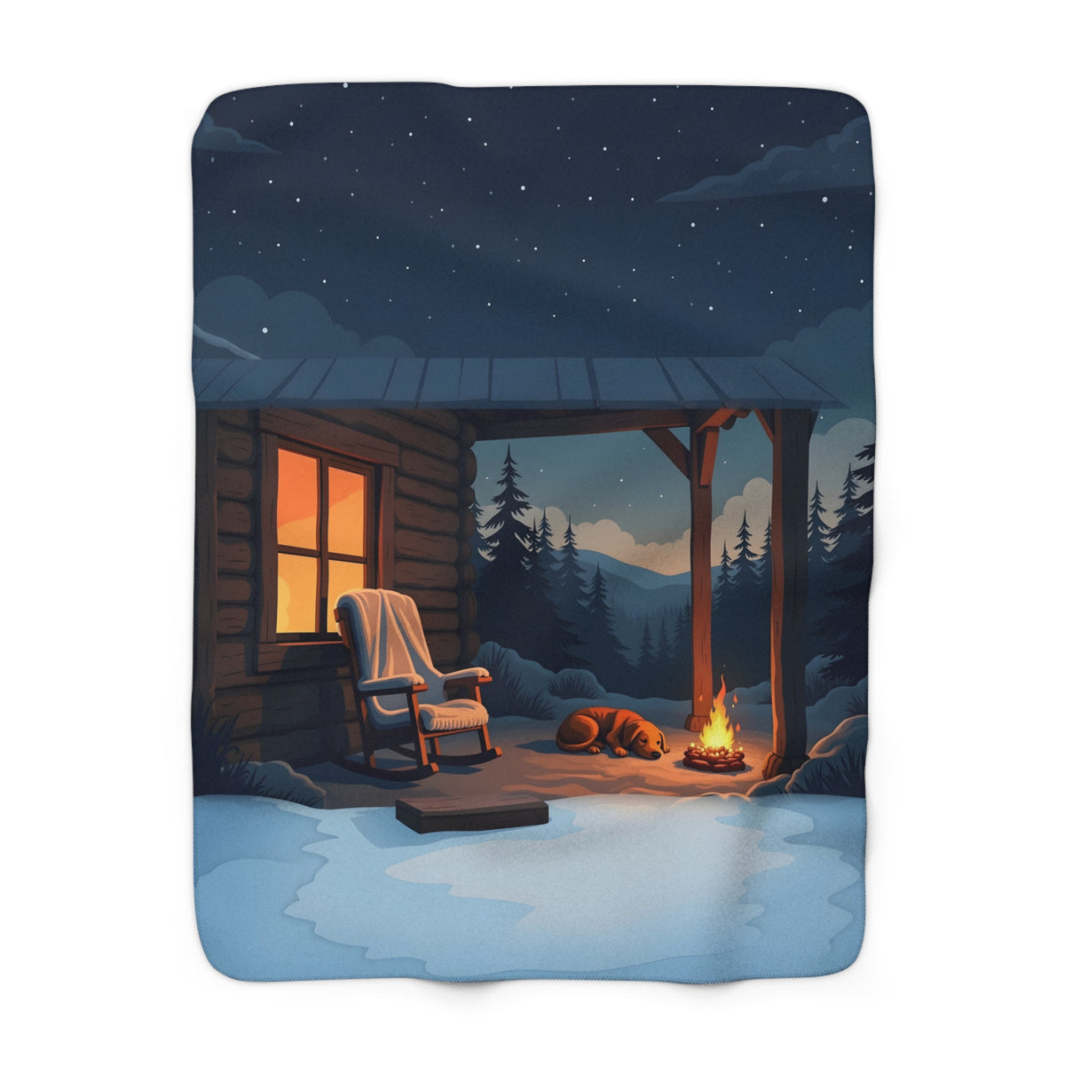 Campfire Dog Cabin Porch Sherpa Throw Blanket - Sleeping Dog Under a Starry Night Sky, Dog Lover Gift, Cabin Decor