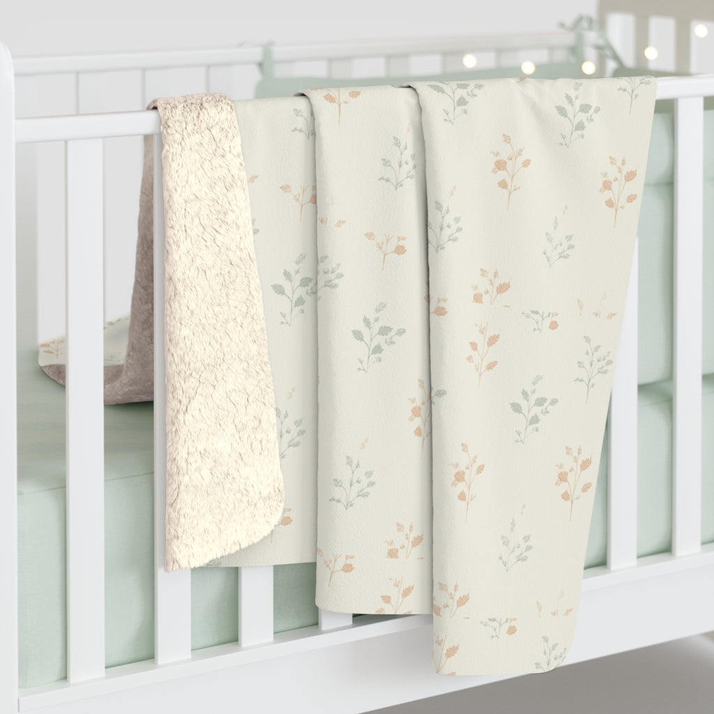 Fern & Seedhead Sherpa Throw Blanket - Vintage Botanical Pattern, Patina Blue & Terracotta on Cream - Mossbridge