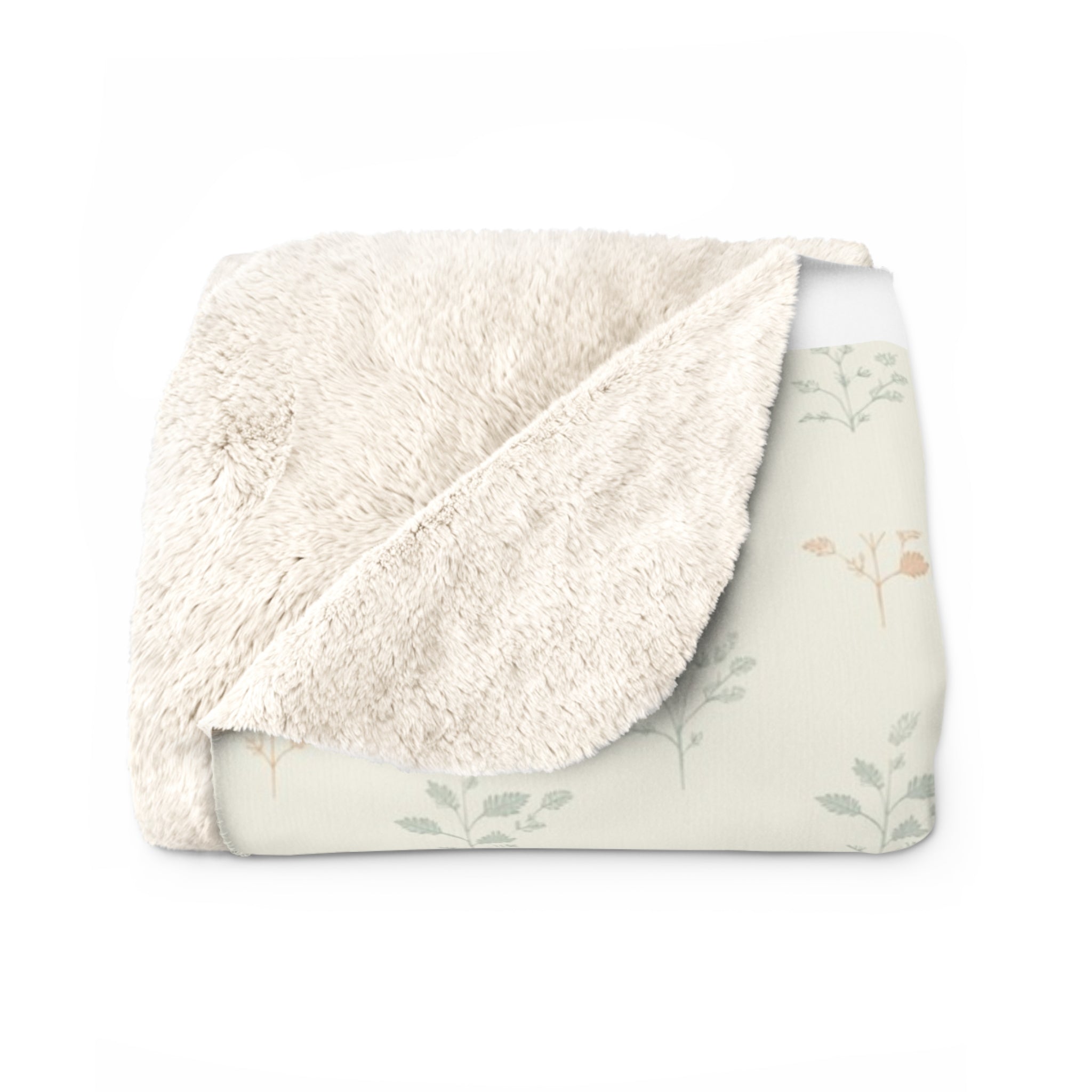 Fern & Seedhead Sherpa Throw Blanket - Vintage Botanical Pattern, Patina Blue & Terracotta on Cream - Mossbridge