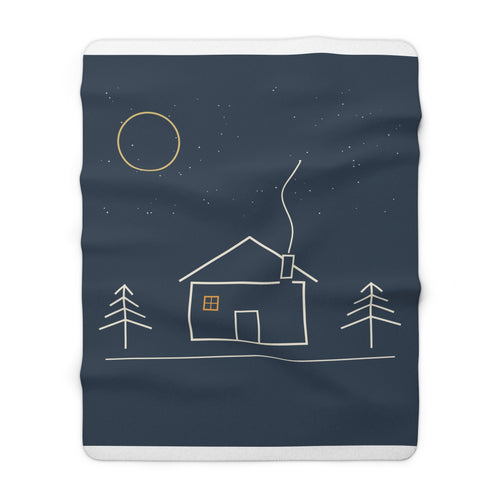 Cabin Night Sherpa Throw Blanket - Cozy Line Art with Lit Window and Starry Sky