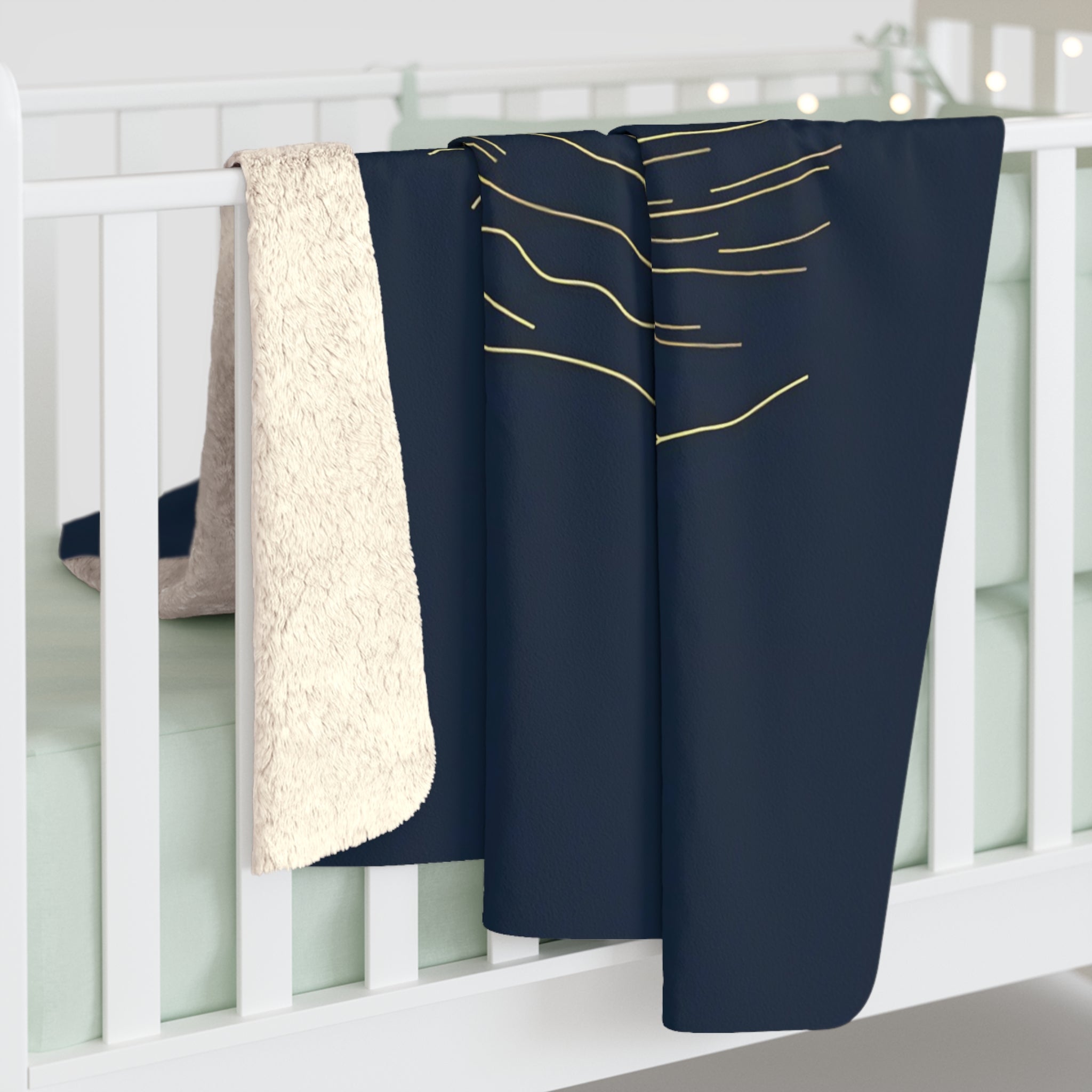 Gold Wave Line Art Sherpa Throw Blanket - Minimalist Ocean Wave on Navy, Coastal Modern Decor Gift