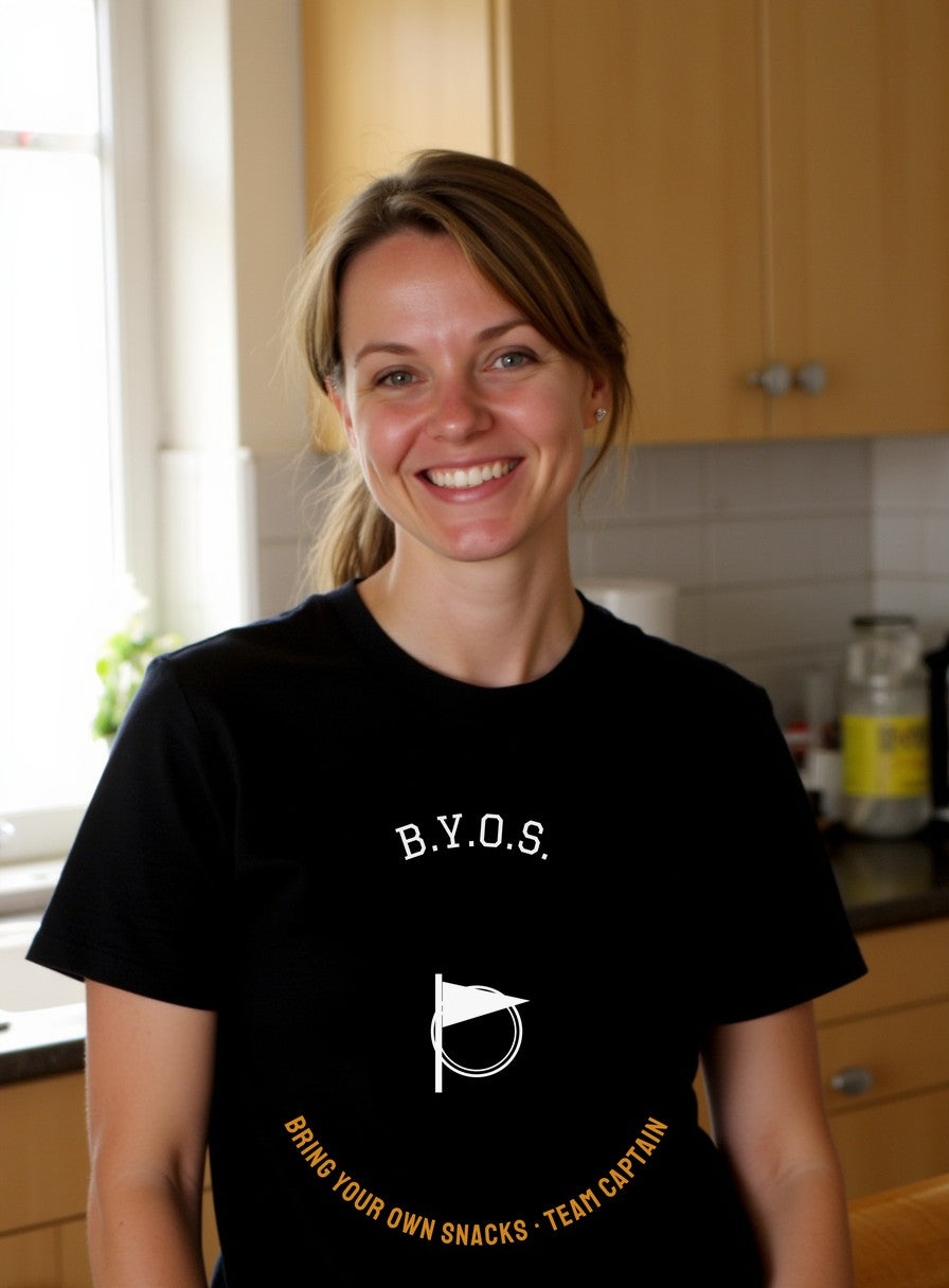 BYOS Bring Your Own Snacks Team Captain Shirt — worn lifestyle photo