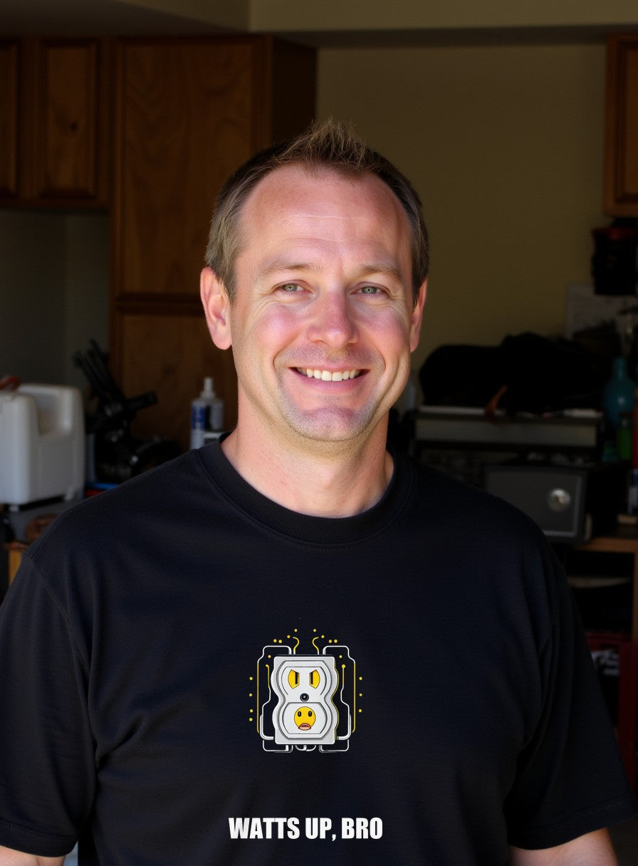 Watts Up Bro Funny Electrician Shirt — worn lifestyle photo