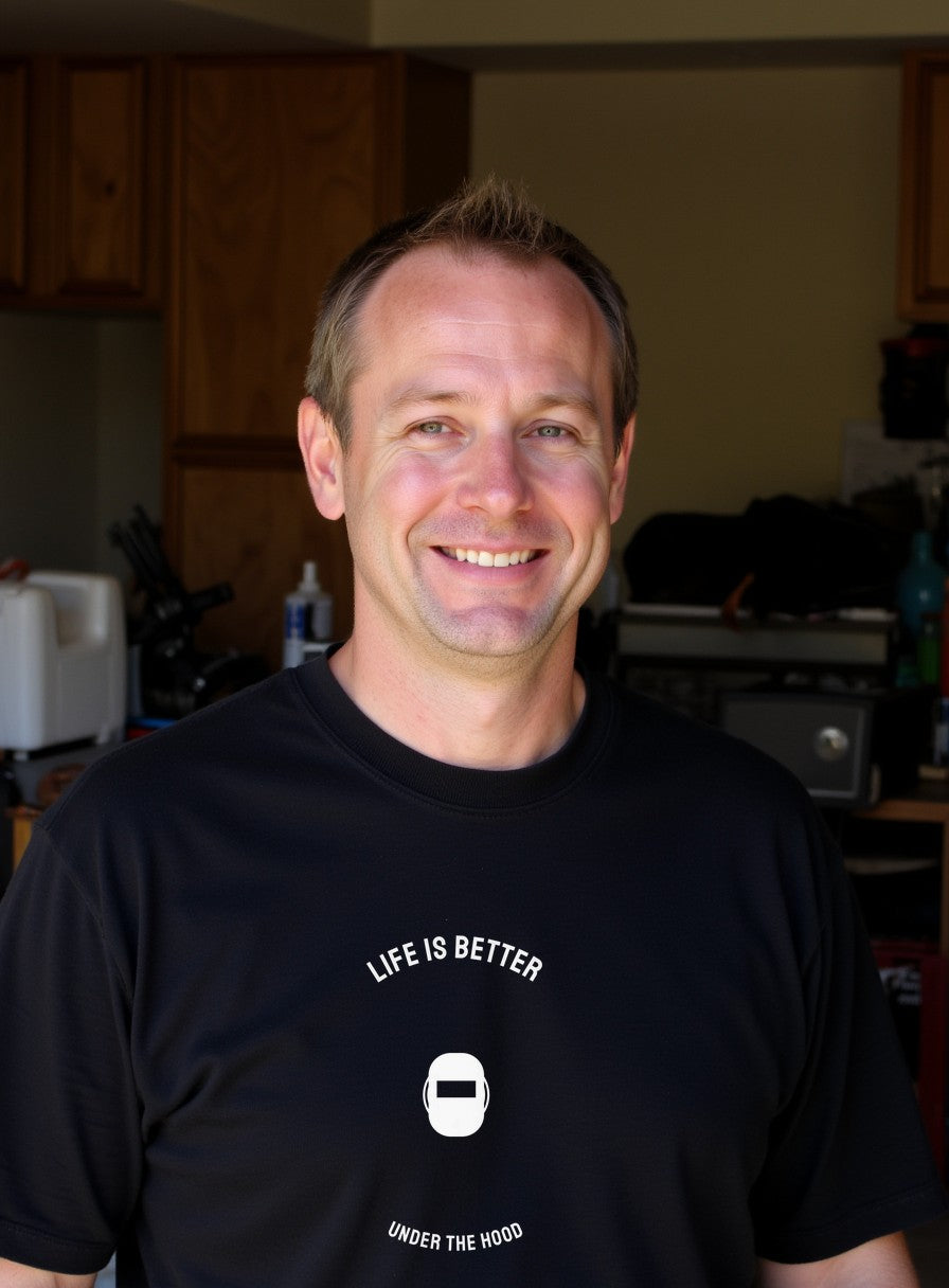 Life Is Better Under The Hood Welder Shirt — worn lifestyle photo