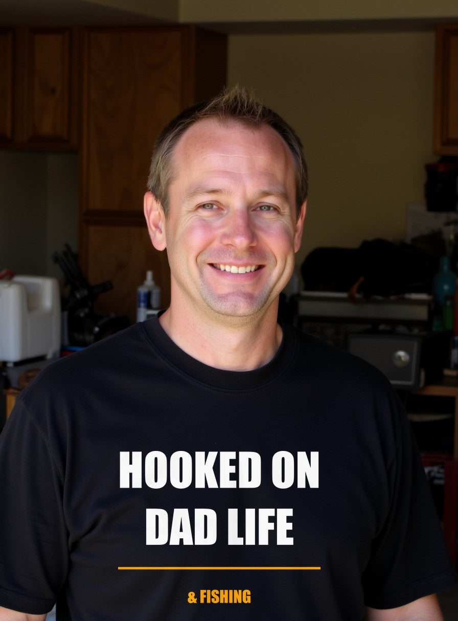 Hooked on Dad Life Shirt — worn lifestyle photo