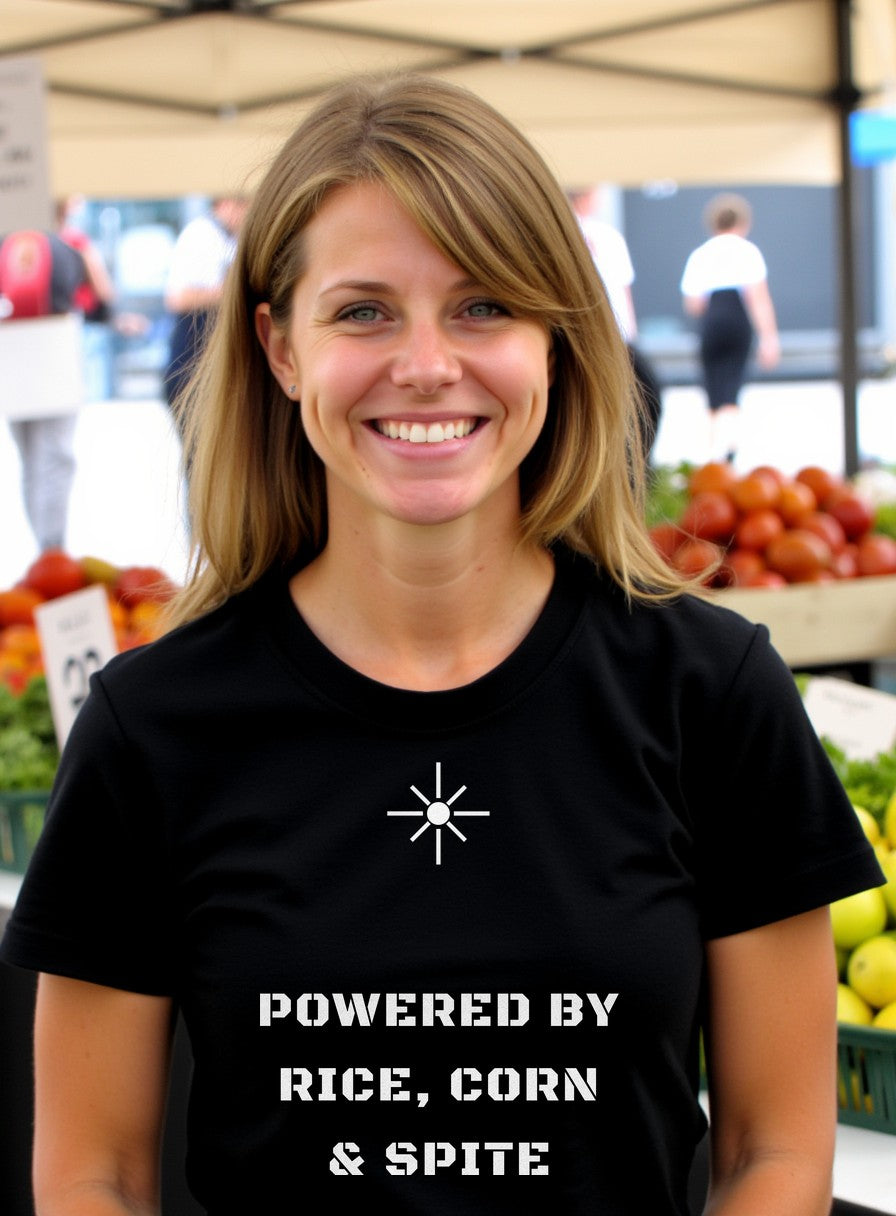 Powered By Rice Corn And Spite Shirt — worn lifestyle photo