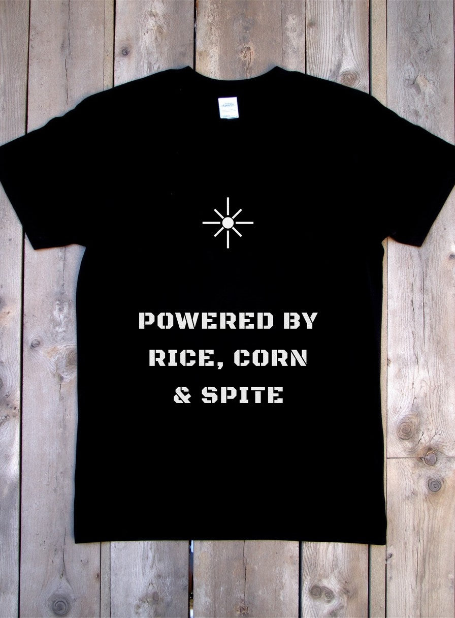 Powered By Rice Corn And Spite Shirt — flat lay photo