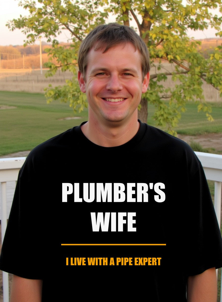 I Live With A Pipe Expert Plumber's Wife Shirt, Funny Tradesman Wife Gift — worn lifestyle photo
