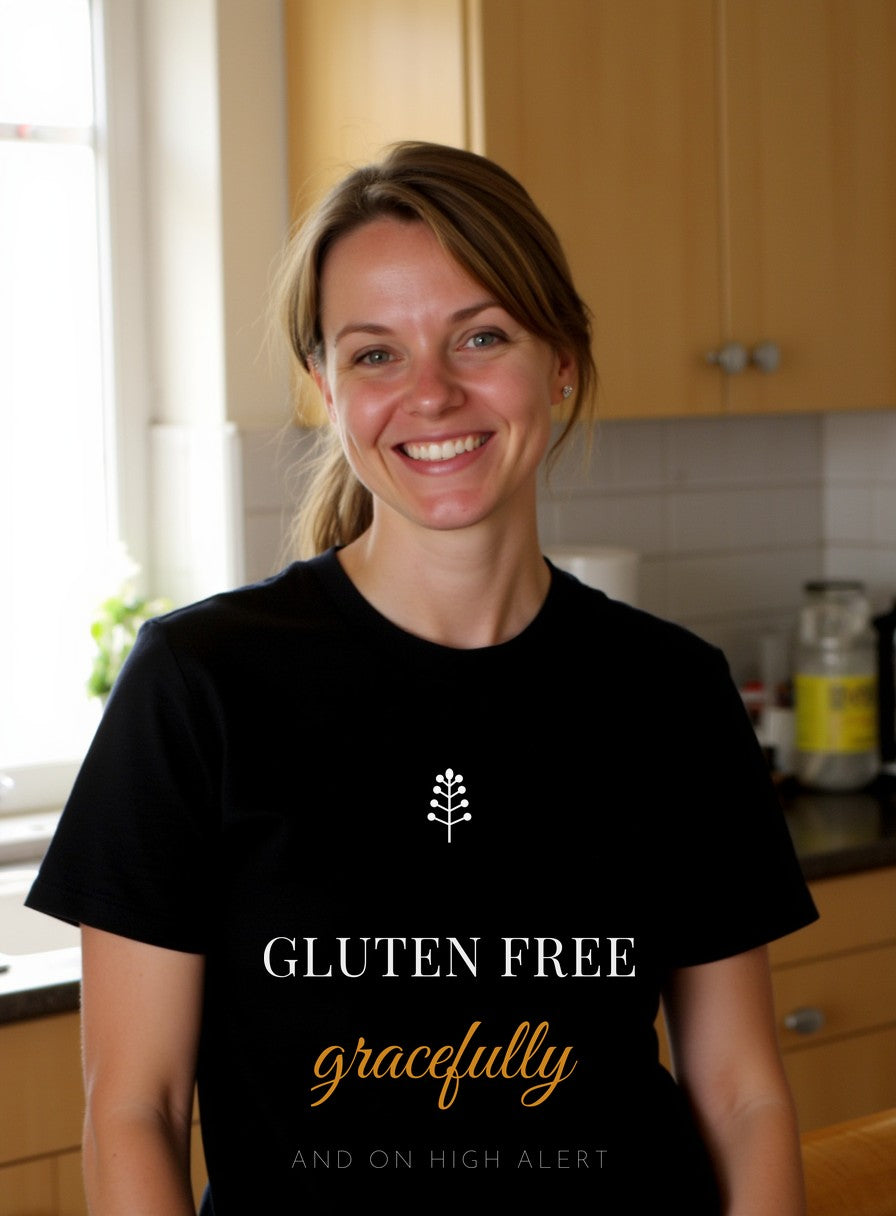Gluten Free Gracefully And On High Alert Shirt — worn lifestyle photo