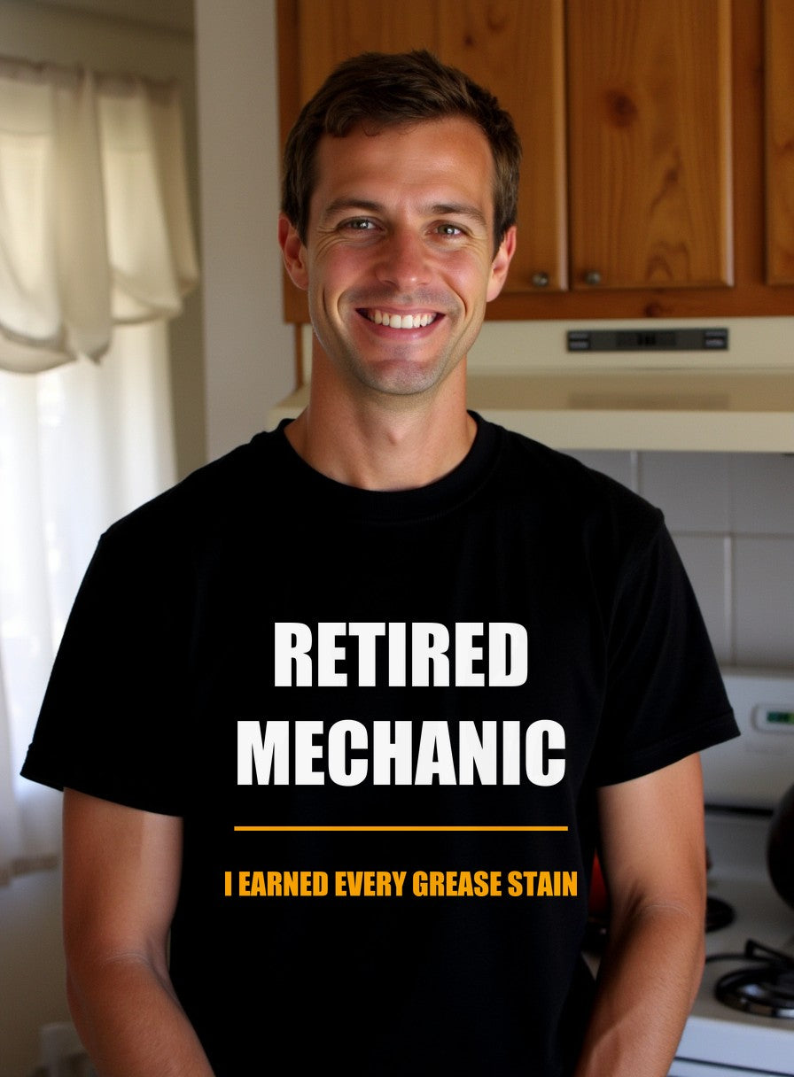 I Earned Every Grease Stain Shirt, Retired Mechanic Father's Day Gift, Tradesman Tee — worn lifestyle photo