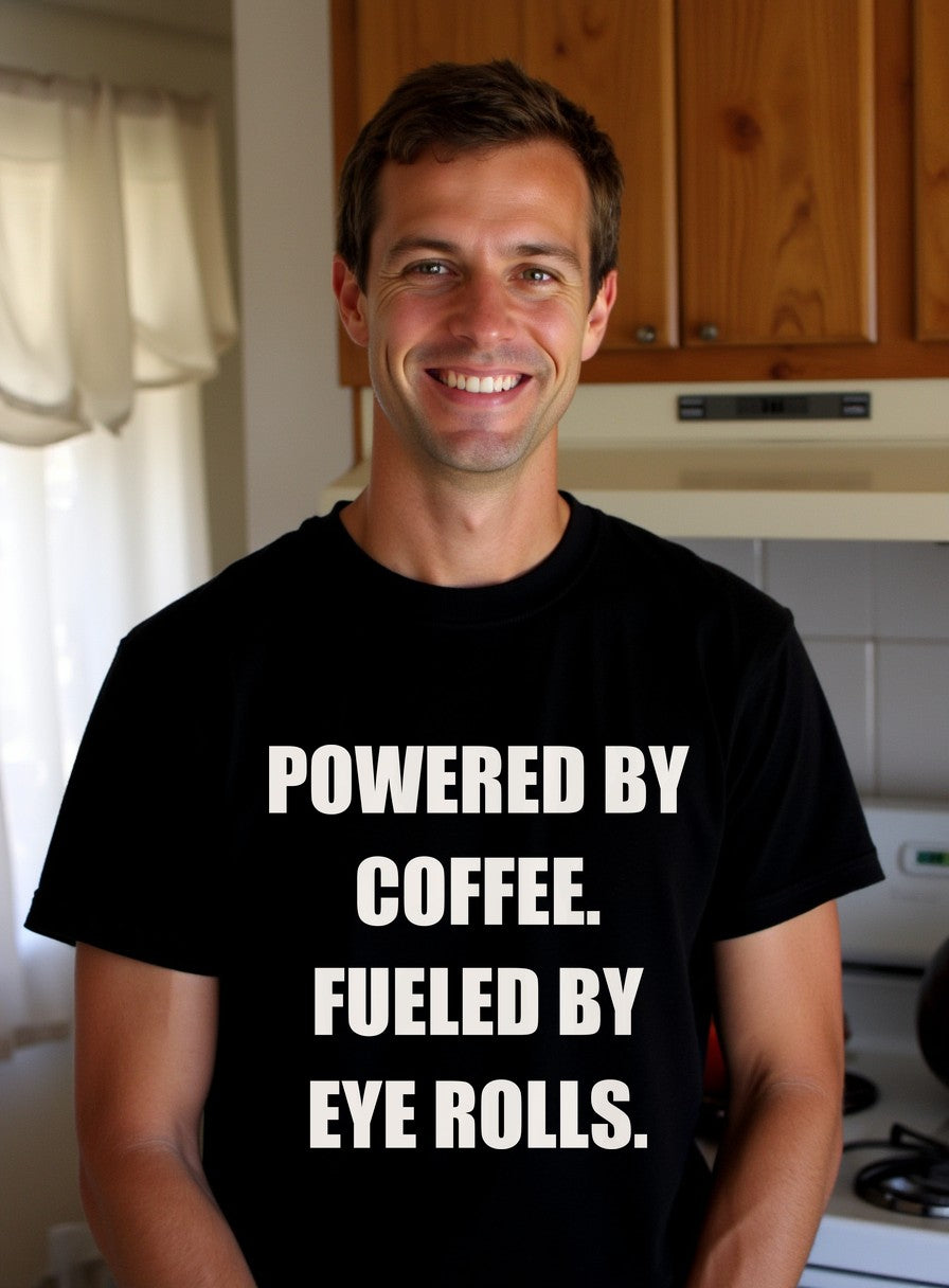 Powered By Coffee Fueled By Eye Rolls Dad Shirt — worn lifestyle photo