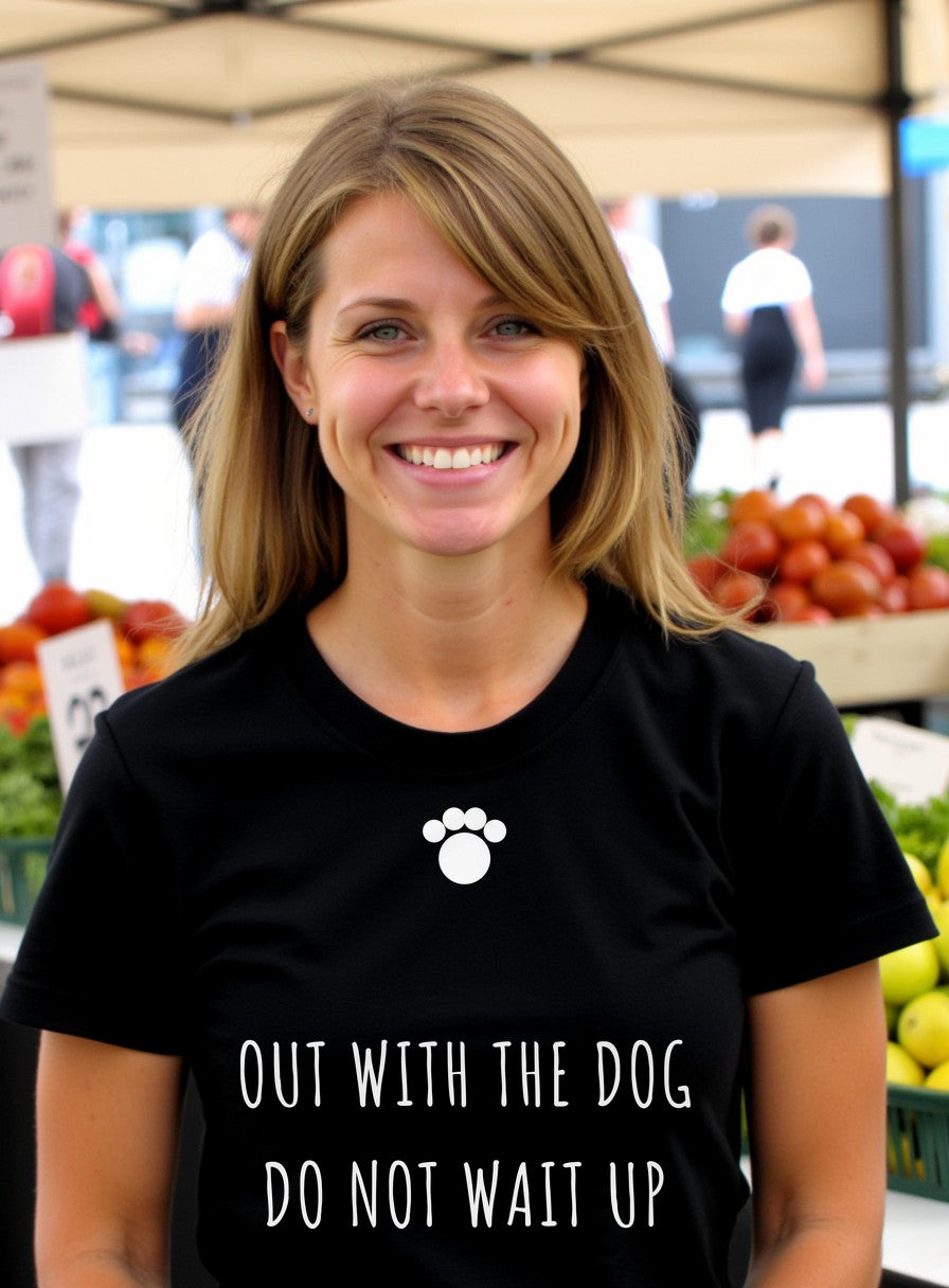 Out With The Dog Do Not Wait Up Shirt — worn lifestyle photo