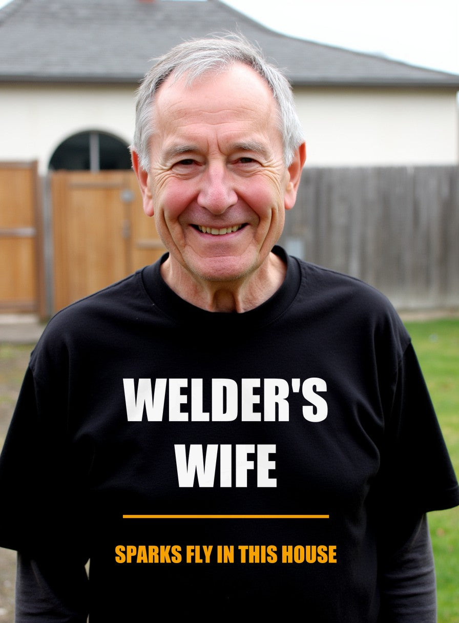 Sparks Fly In This House T-Shirt, Funny Welder's Wife Gift, Tradesman Wife Shirt — worn lifestyle photo