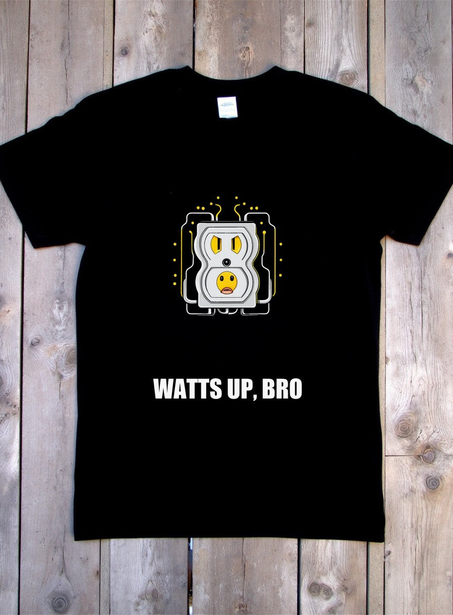 Watts Up Bro Funny Electrician Shirt — flat lay photo